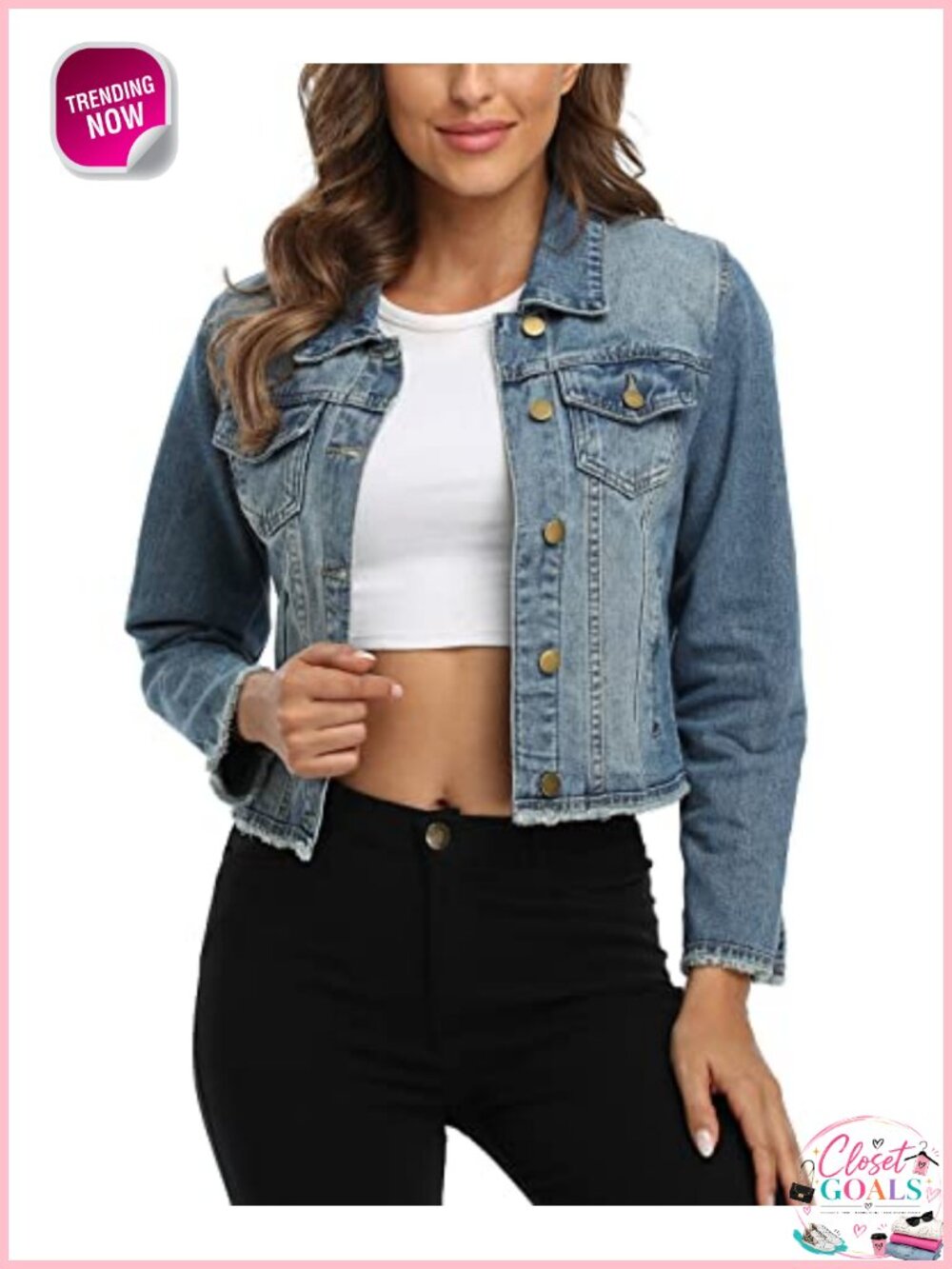 MISS MOLY Women's Frayed Washed Cropped Denim Jacket Button Up 2 Pockets